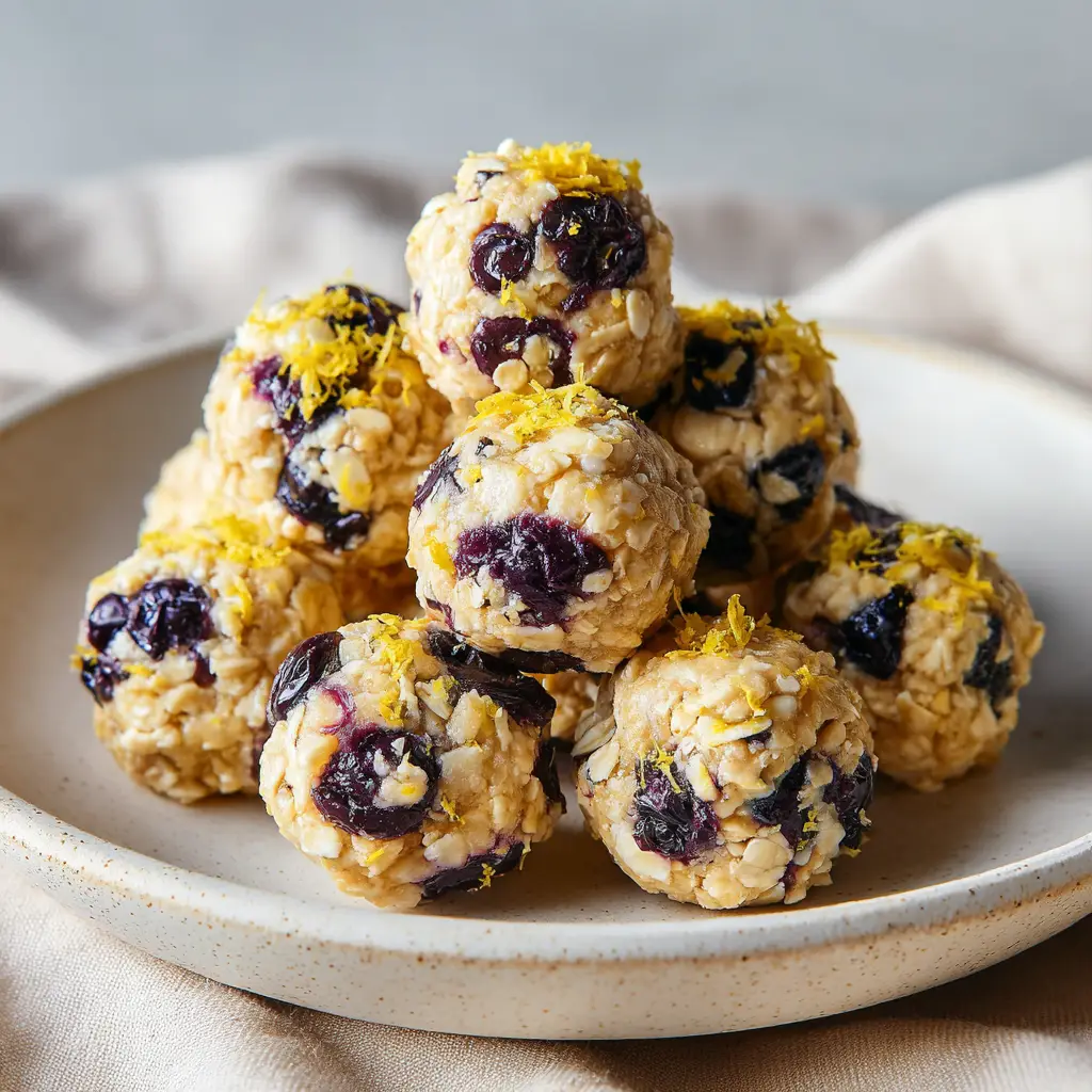 Lemon Blueberry Cottage Cheese Protein Bites 2 Finished lemon blueberry protein bites resting on unbleached parchment paper over a textured white ceramic plate.
