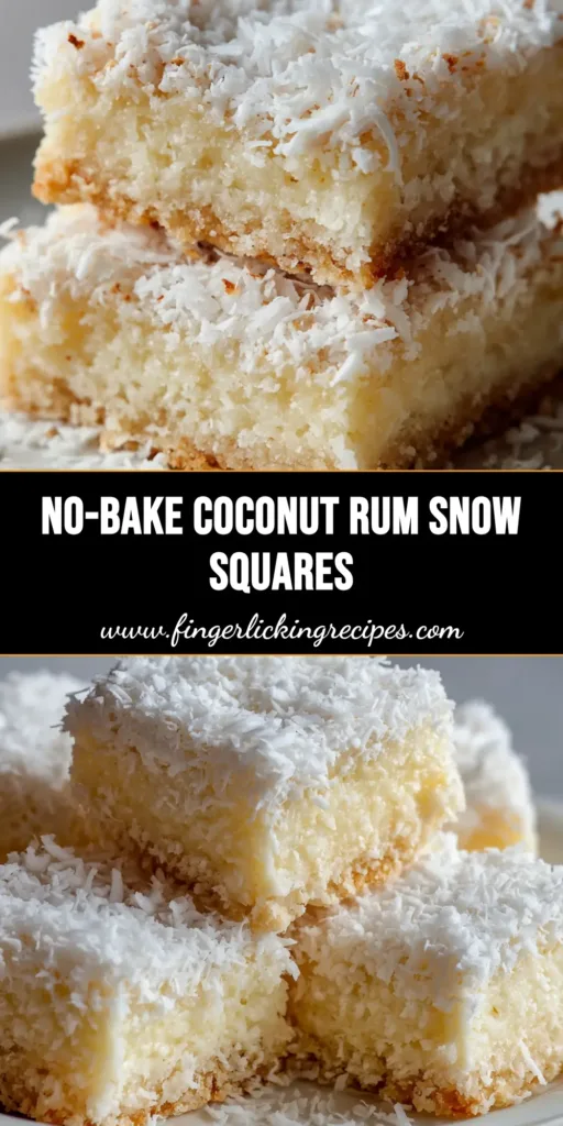 Close-up of square-cut dessert bars, dense and chewy off-white creamy interior base, entirely encrusted and rolled in coarse white shredded coconut flakes. (Coconut Rum Snow Squares)