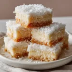 Ingredients for making Coconut Rum Snow Squares including white chocolate, coconut rum, and shredded coconut flakes.