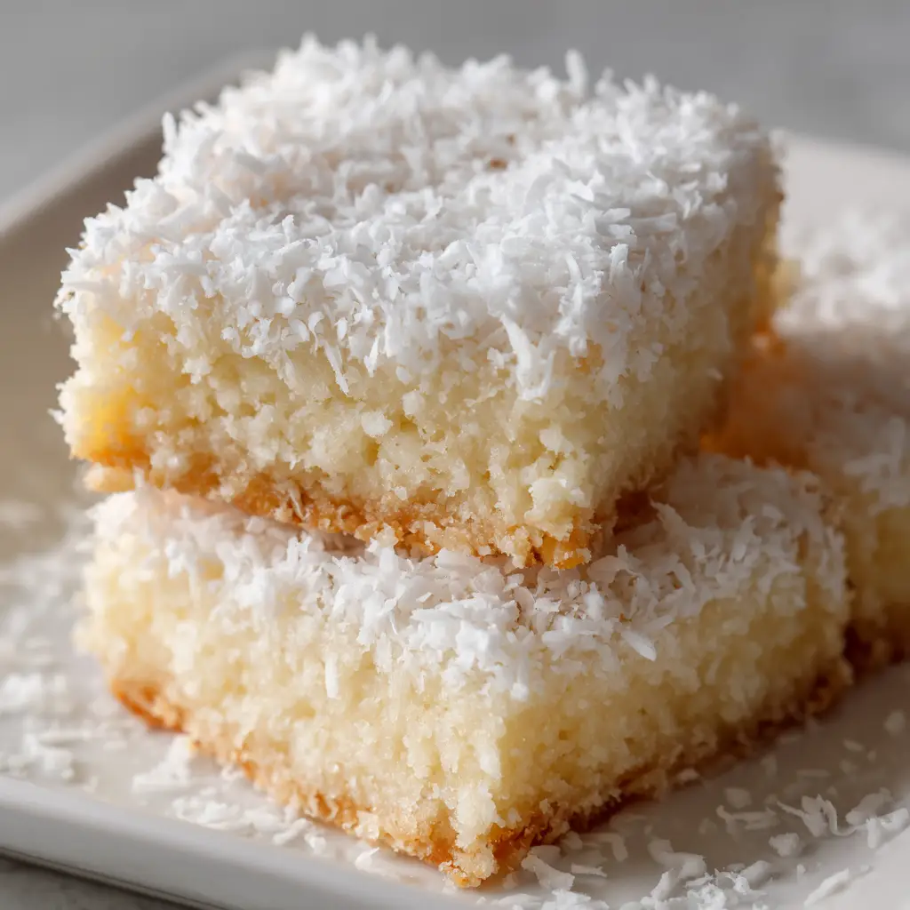 A halved Coconut Rum Snow Square revealing a dense off-white creamy interior, resting on a white plate.