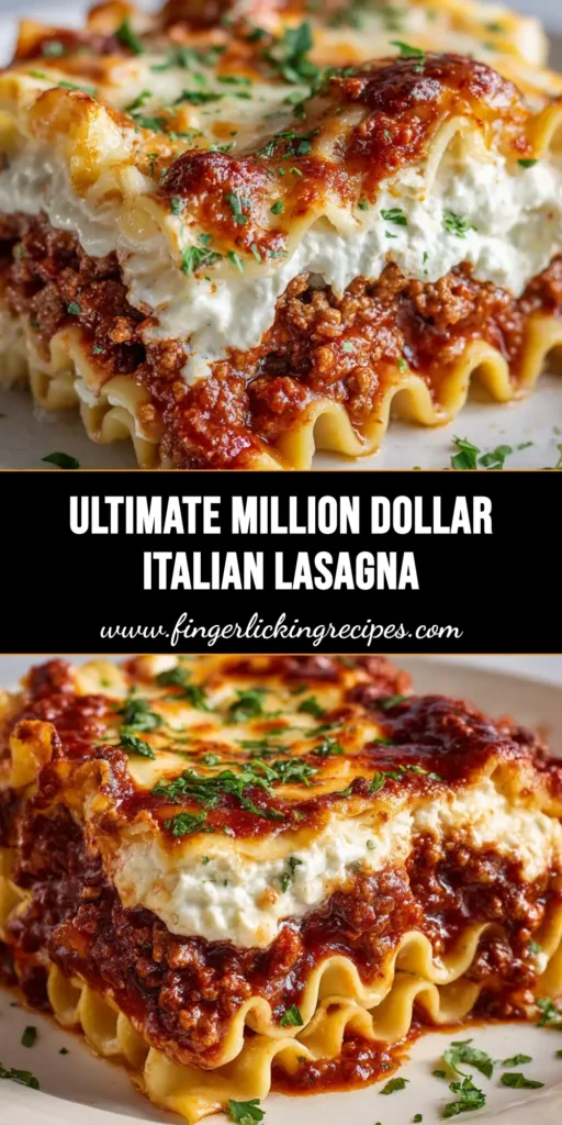 A thick slice of baked Million Dollar Lasagna on a white ceramic plate, showing distinct layers of meat sauce and ricotta.