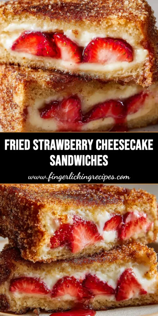 Fried Strawberry Cheesecake Sandwiches 4 A close-up shot of crispy pan-fried Fried Strawberry Cheesecake Sandwiches stacked on a plate, showing smooth white cream cheese filling and glossy strawberries.