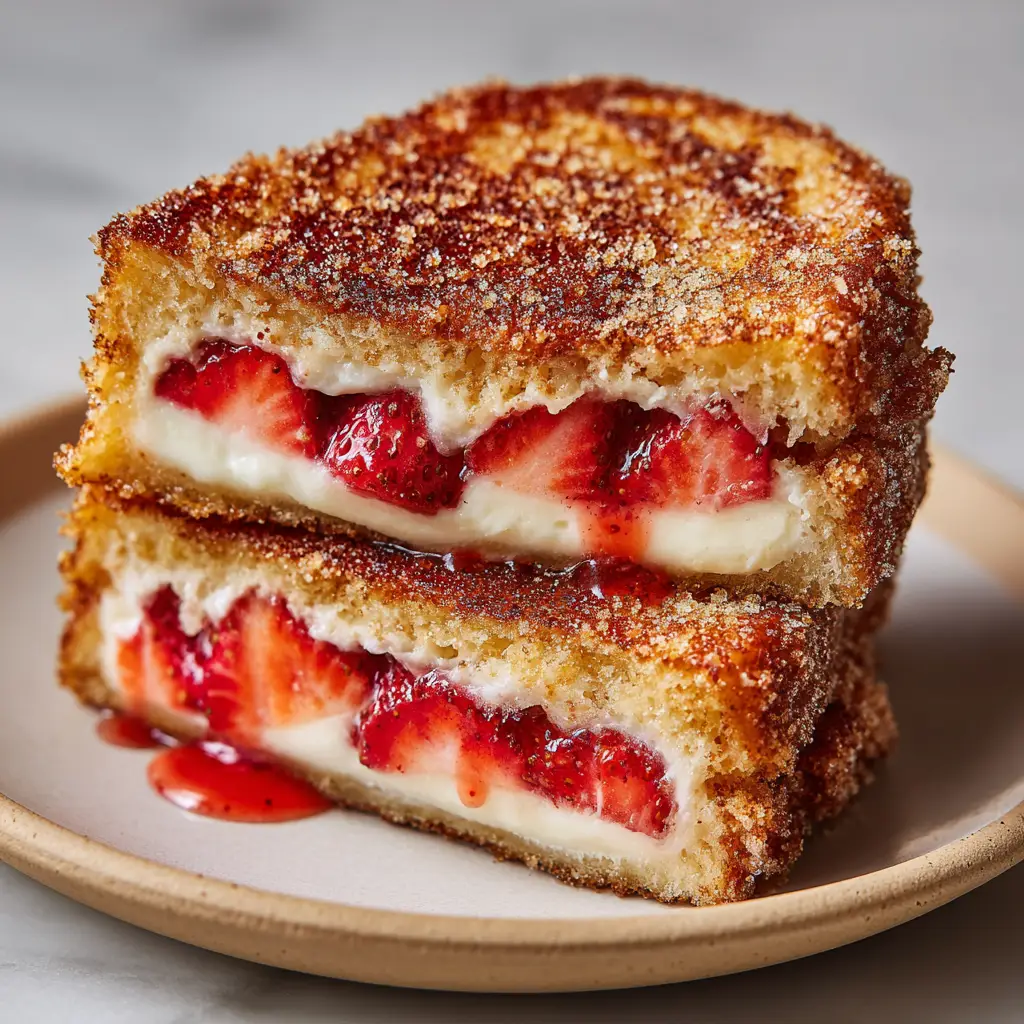 Fried Strawberry Cheesecake Sandwiches 3 Ingredients for Fried Strawberry Cheesecake Sandwiches, featuring thick white bread, cream cheese, fresh sliced strawberries, and coarse cinnamon sugar.