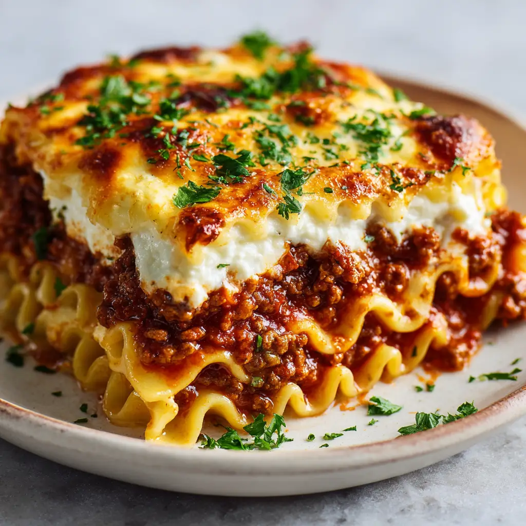 Side view of baked lasagna on a white plate with fresh chopped green parsley garnish and soft natural daylight.