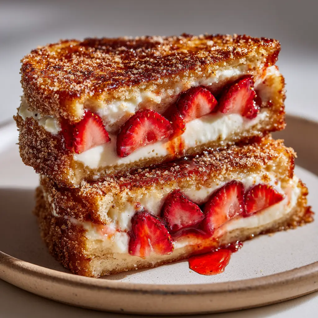 Fried Strawberry Cheesecake Sandwiches 2 Cross-section of a hot Fried Strawberry Cheesecake Sandwich with thick cream cheese and glossy strawberry juice seeping into crisp bread.