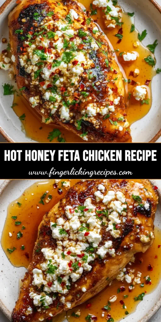 A close up overhead shot of Hot Honey Feta Chicken with golden-brown crust, chunky crumbled feta, and amber honey glaze garnished with red pepper flakes and parsley.