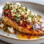 Hot Honey Feta Chicken Raw ingredients for Hot Honey Feta Chicken including chicken breasts, feta cheese, honey, parsley, and red pepper flakes.