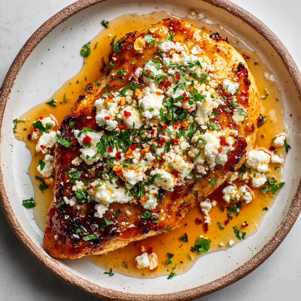 A seared chicken breast in a cast iron skillet topped with slightly melted feta cheese and a heavy drizzle of hot honey.