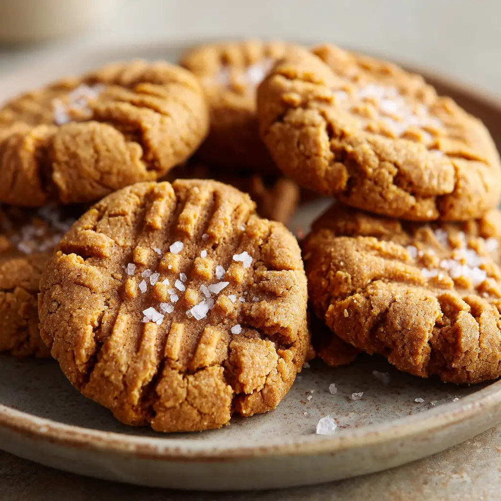 Thick & Chewy Oat Flour Peanut Butter Cookies 3 Close-up of baked oat flour peanut butter cookies with visible ground oat flecks and soft gooey centers on a matte ceramic plate.
