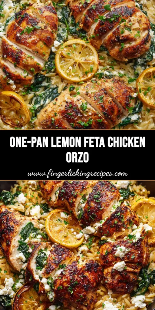 A rustic black cast-iron skillet featuring Lemon Feta Chicken Orzo with golden-brown stuffed chicken and roasted lemon wheels.