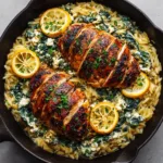 Lemon Feta Chicken Orzo: A Creamy Skillet Dinner Top-down view of a creamy broth-plumped orzo base with stuffed chicken breast and wilted spinach inside.