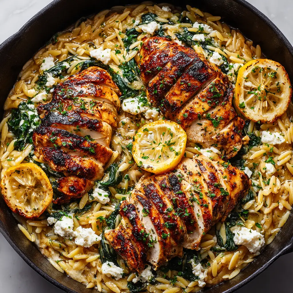 Glossy light-yellow olive oil and lemon emulsion over tender chicken and fluffy orzo garnished with parsley.