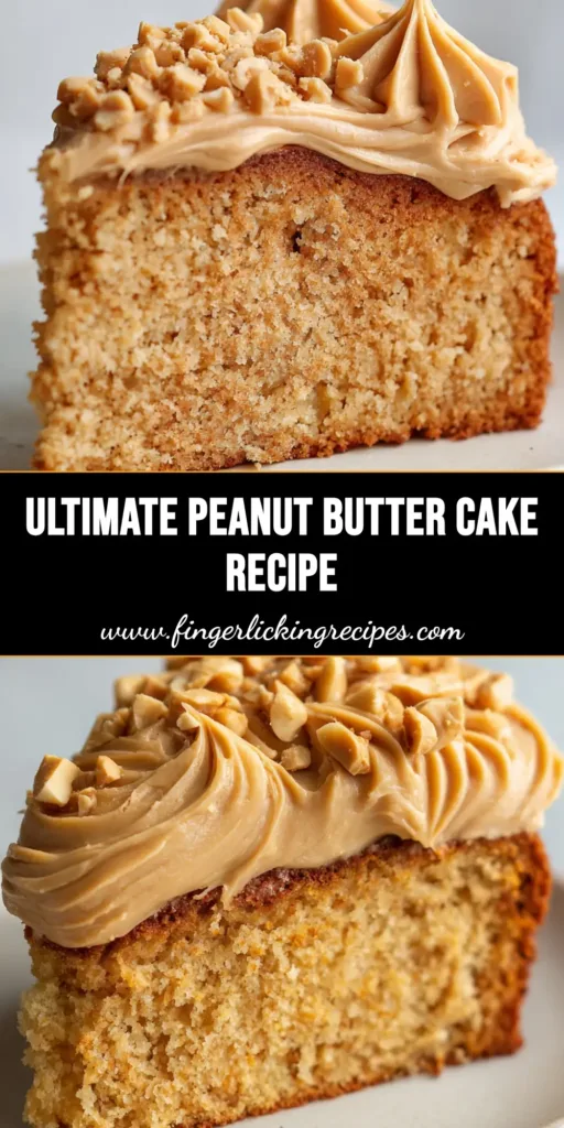 A close-up shot of a single slice of moist, golden-brown peanut butter cake resting on a plain white ceramic plate.