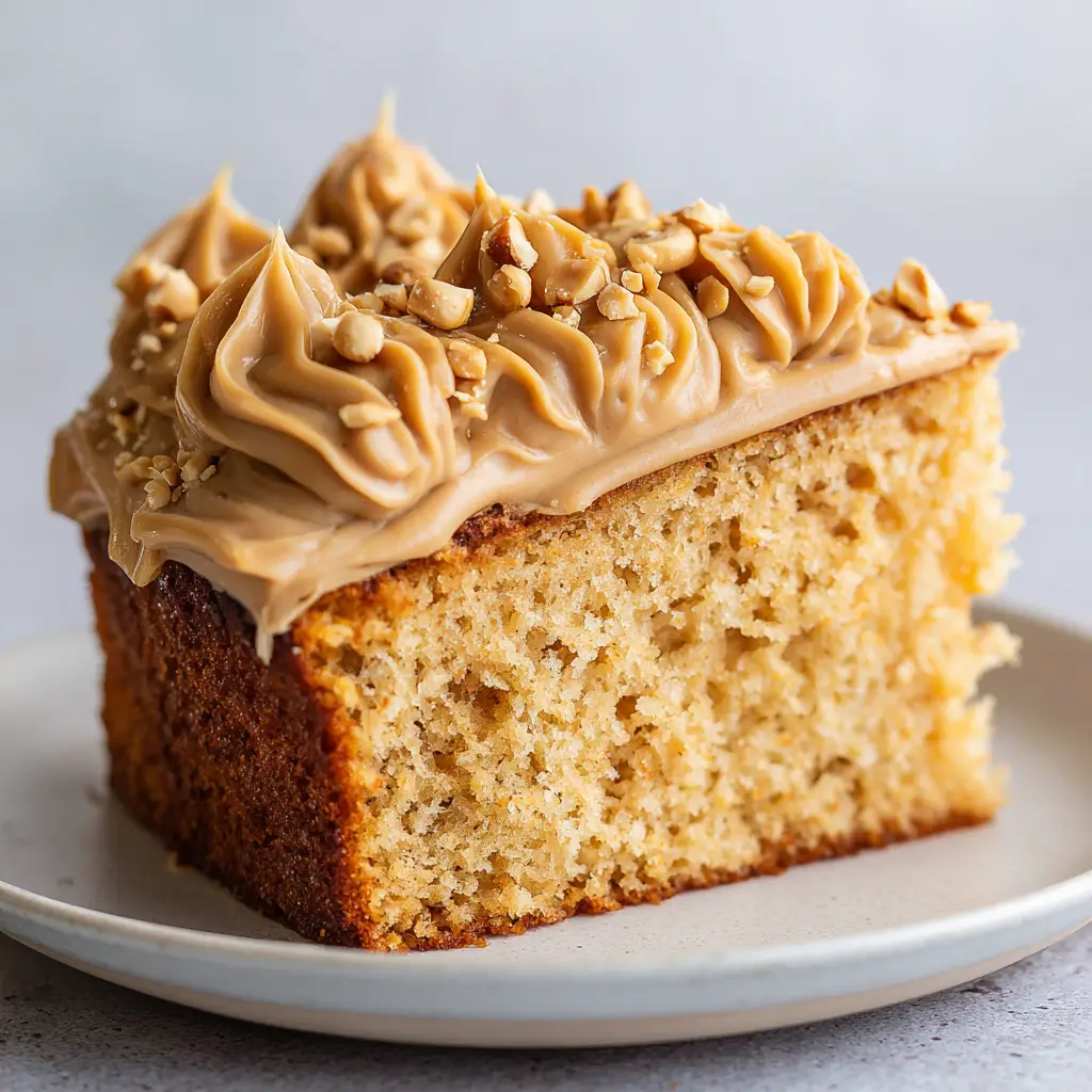 Thick creamy light tan peanut butter frosting with decorative swoops and swirls on top of a cake sponge.