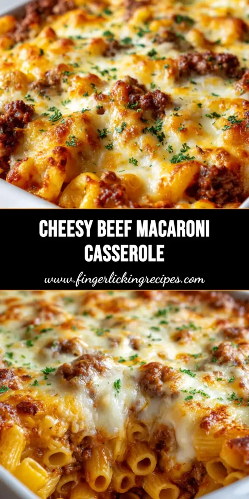 Best Cheesy Baked Beef Macaroni Casserole Recipe 4 A close-up of a freshly baked Beef Macaroni Casserole with melted cheddar and mozzarella cheese in a white ceramic dish.
