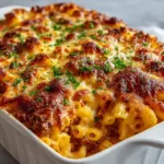 Ingredients for Beef Macaroni Casserole including tubular pasta, ground beef, tomatoes, cheddar, and mozzarella.