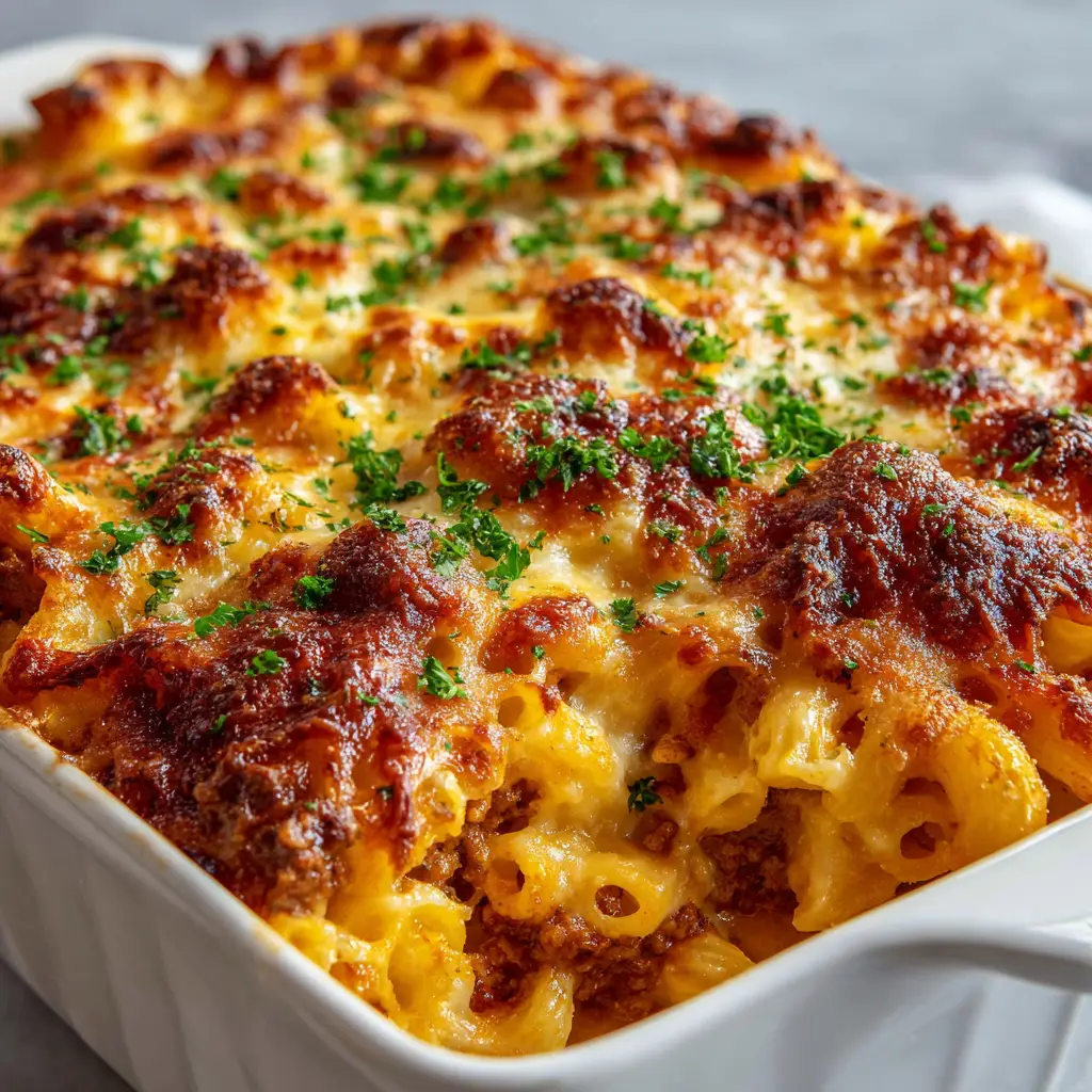 Best Cheesy Baked Beef Macaroni Casserole Recipe 3 Ingredients for Beef Macaroni Casserole including tubular pasta, ground beef, tomatoes, cheddar, and mozzarella.