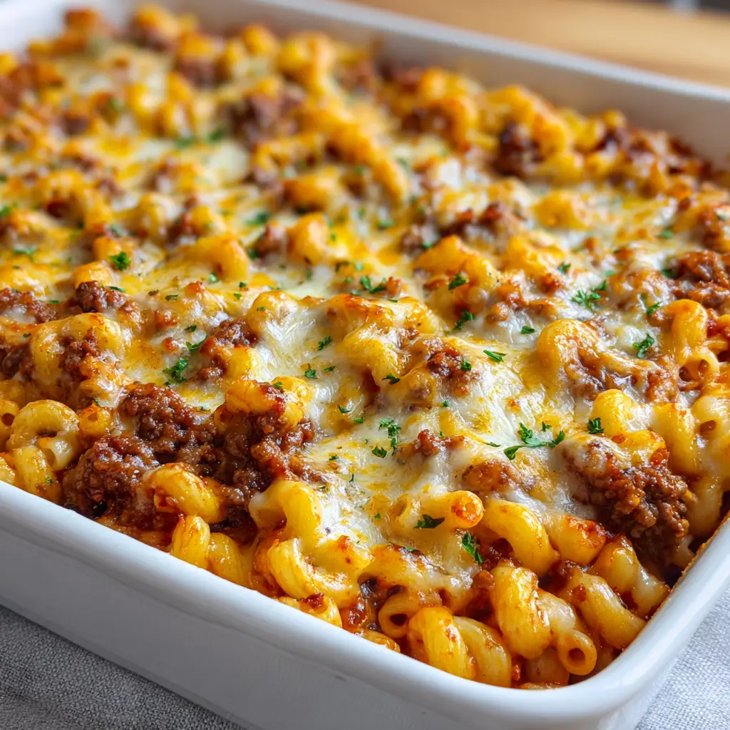 Best Cheesy Baked Beef Macaroni Casserole Recipe 2 Thick, glossy red tomato and browned ground beef meat sauce simmering in a skillet.