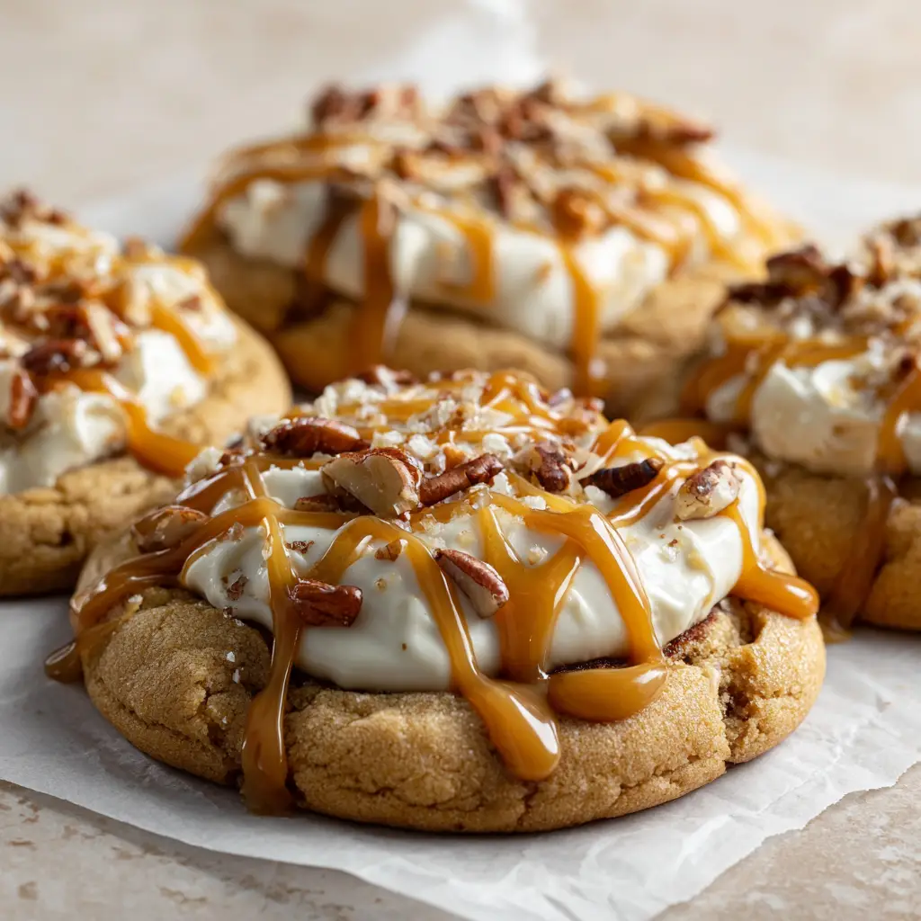 Decadent Caramel Cheesecake Cookies 3 Ingredients for Caramel Cheesecake Cookies arranged on a neutral light beige surface.