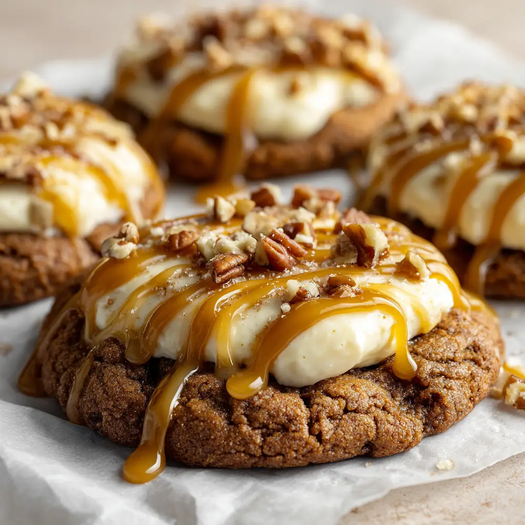 Decadent Caramel Cheesecake Cookies 2 Close up view of Caramel Cheesecake Cookies generously drizzled with thick glossy golden caramel sauce and melted milk chocolate on white parchment paper.