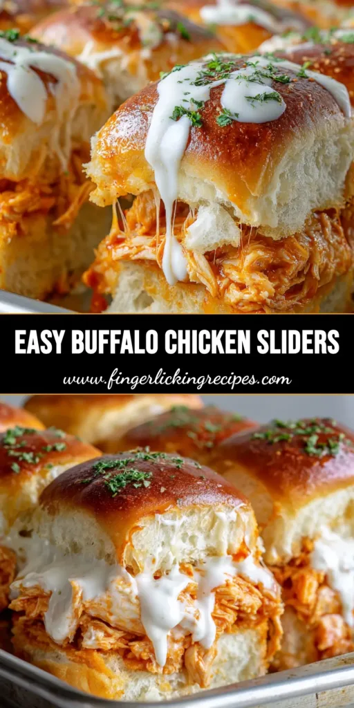 Close-up of pull-apart Buffalo Chicken Sliders in a metal baking pan with melted provolone, glossy buffalo sauce, and golden-brown buttery buns.