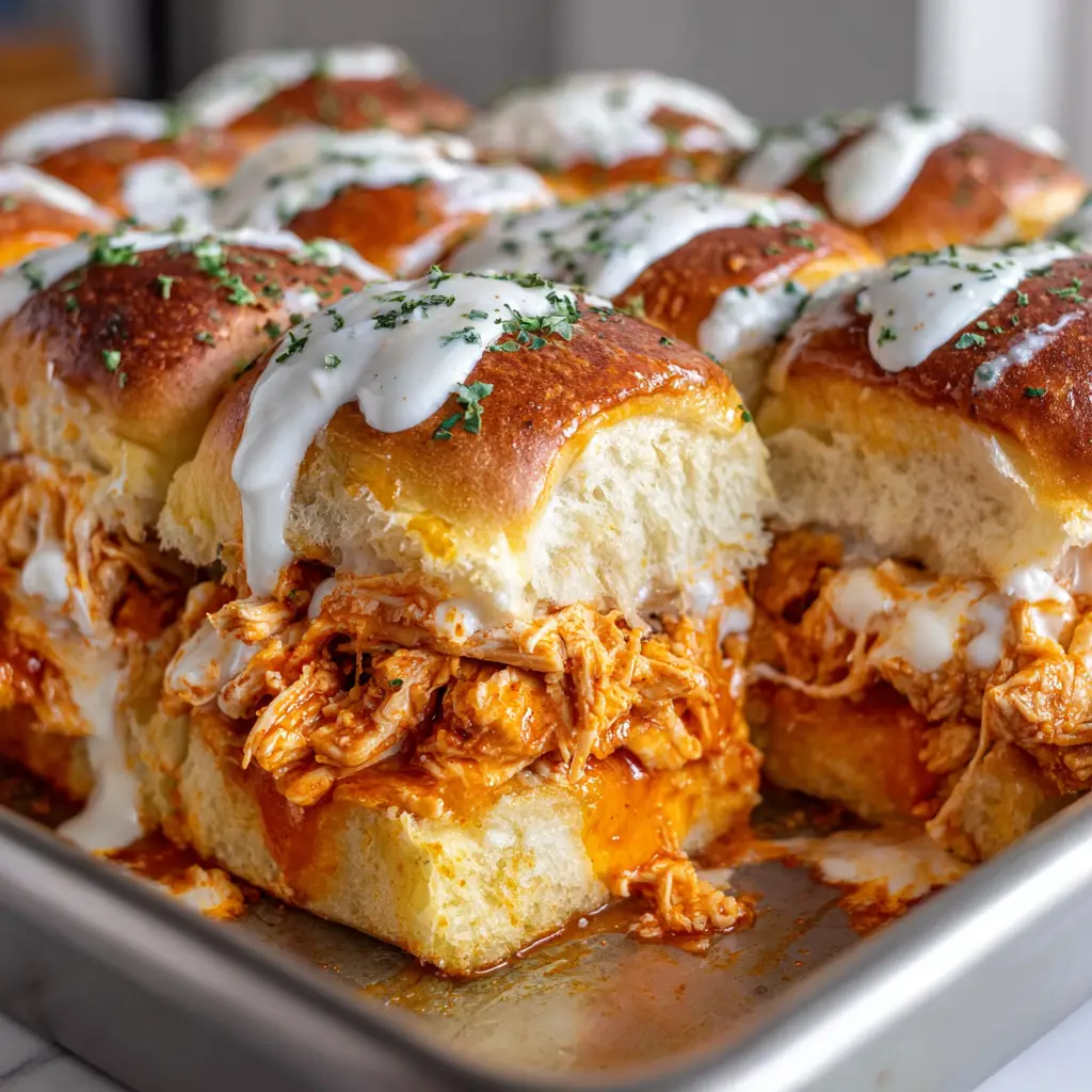 Thick layer of shredded chicken heavily coated in glossy orange-red buffalo sauce on sweet Hawaiian roll bottoms.
