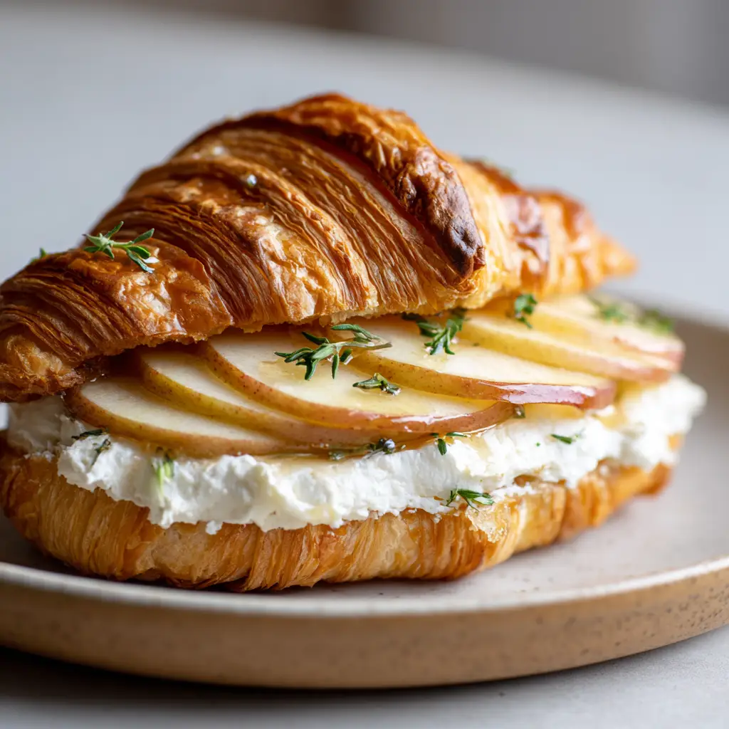 The Ultimate Apple Goat Cheese Croissant 2 Top croissant half resting at an angle to reveal a thick textured smear of creamy white goat cheese and overlapping caramelized apples.