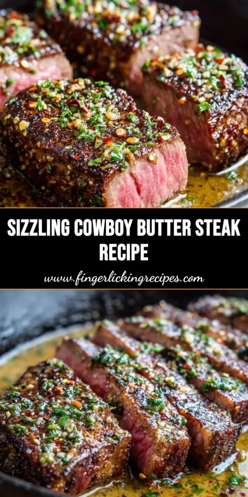 Sliced Cowboy Butter Steak with a dark browned crust and pink medium-rare center, heavily coated in a glossy garlic and herb butter sauce.