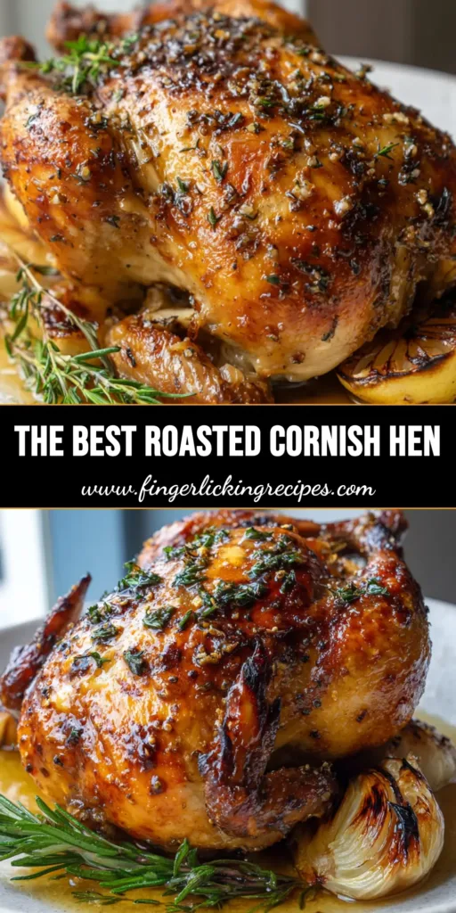 Perfectly Oven-Roasted Cornish Hen 4 A perfectly oven-roasted whole Cornish hen with golden-brown crispy skin, fresh rosemary, and caramelized garlic cloves on a white ceramic dish.
