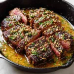The Ultimate Cowboy Butter Steak (Cast-Iron Seared) Raw beef steaks alongside butter, fresh green parsley, minced garlic, thyme leaves, and red pepper flakes for Cowboy Butter Steak.