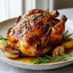 Raw ingredients for roasted Cornish hen including whole hen, fresh rosemary sprigs, garlic cloves, lemons, and dried thyme.