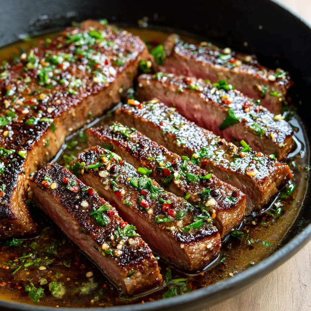 Beef steak searing in a black cast-iron skillet, developing a dark browned crust.
