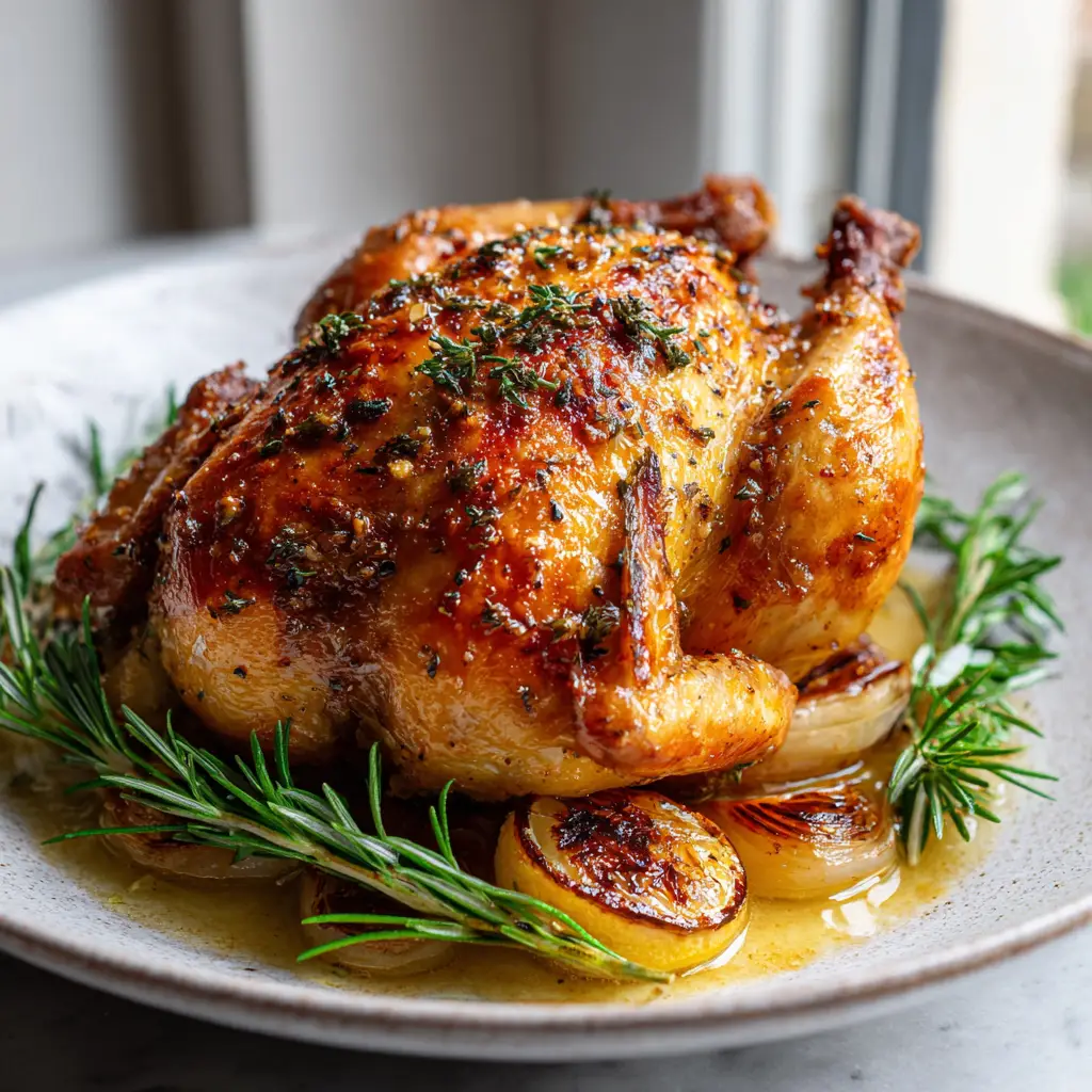 Perfectly Oven-Roasted Cornish Hen 2 A fully cooked oven-roasted Cornish hen glistening with a light butter glaze and visible flecks of black pepper and dried thyme.