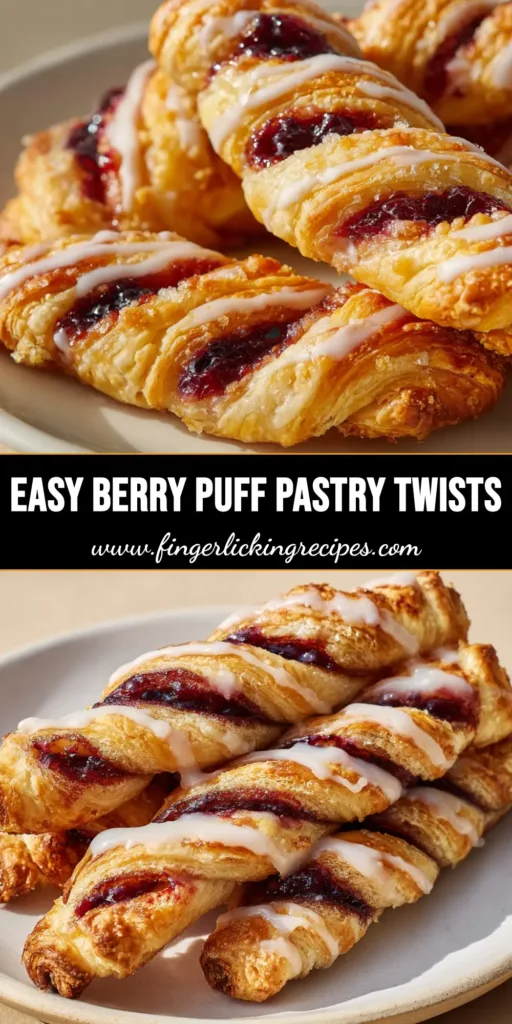 Berry Puff Pastry Twists: Flaky, Jam-Filled, and Glazed to Perfection 4 Close-up of golden baked puff pastry twists filled with oozing dark red berry jam and drizzled with a shiny translucent white icing glaze on a ceramic plate.