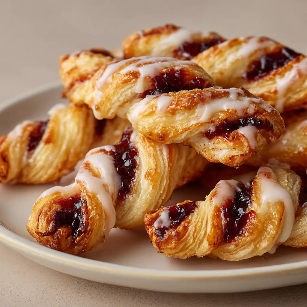 Berry Puff Pastry Twists: Flaky, Jam-Filled, and Glazed to Perfection 3 Ingredients for Berry Puff Pastry Twists featuring raw pastry dough, dark red berry jam, and white icing glaze on a neutral background.
