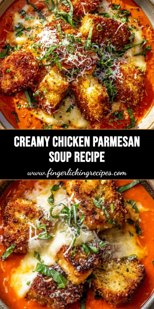 Close-up overhead shot of a rustic bowl of creamy orange-red Chicken Parmesan Soup, topped with crispy golden-brown breaded chicken, melted stringy mozzarella, parmesan, garlic croutons, and fresh green basil.