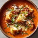 Ingredients for Chicken Parmesan Soup including crushed tomatoes, chicken broth, chicken breast, panko, mozzarella, parmesan, garlic, and fresh basil.