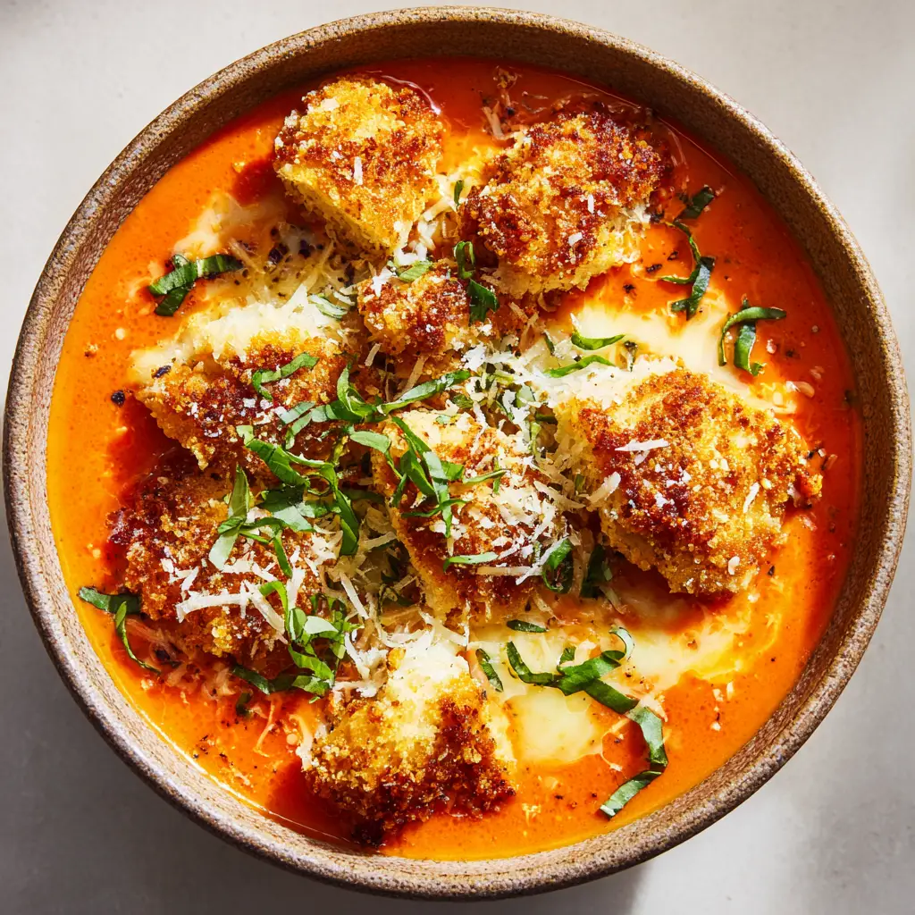 Hot melted mozzarella cheese stretching over crispy breaded chicken chunks in a bowl of creamy orange-red tomato soup garnished with basil and croutons.