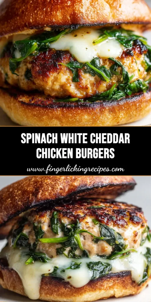 Juicy Pan-Seared Spinach Chicken Burgers 4 A pan-seared ground chicken patty speckled with spinach and melted white cheddar cheese on a toasted bun.