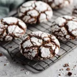 Raw ingredients for chocolate crinkle cookies arranged neatly alongside dark chocolate crumbs and white powdered sugar.