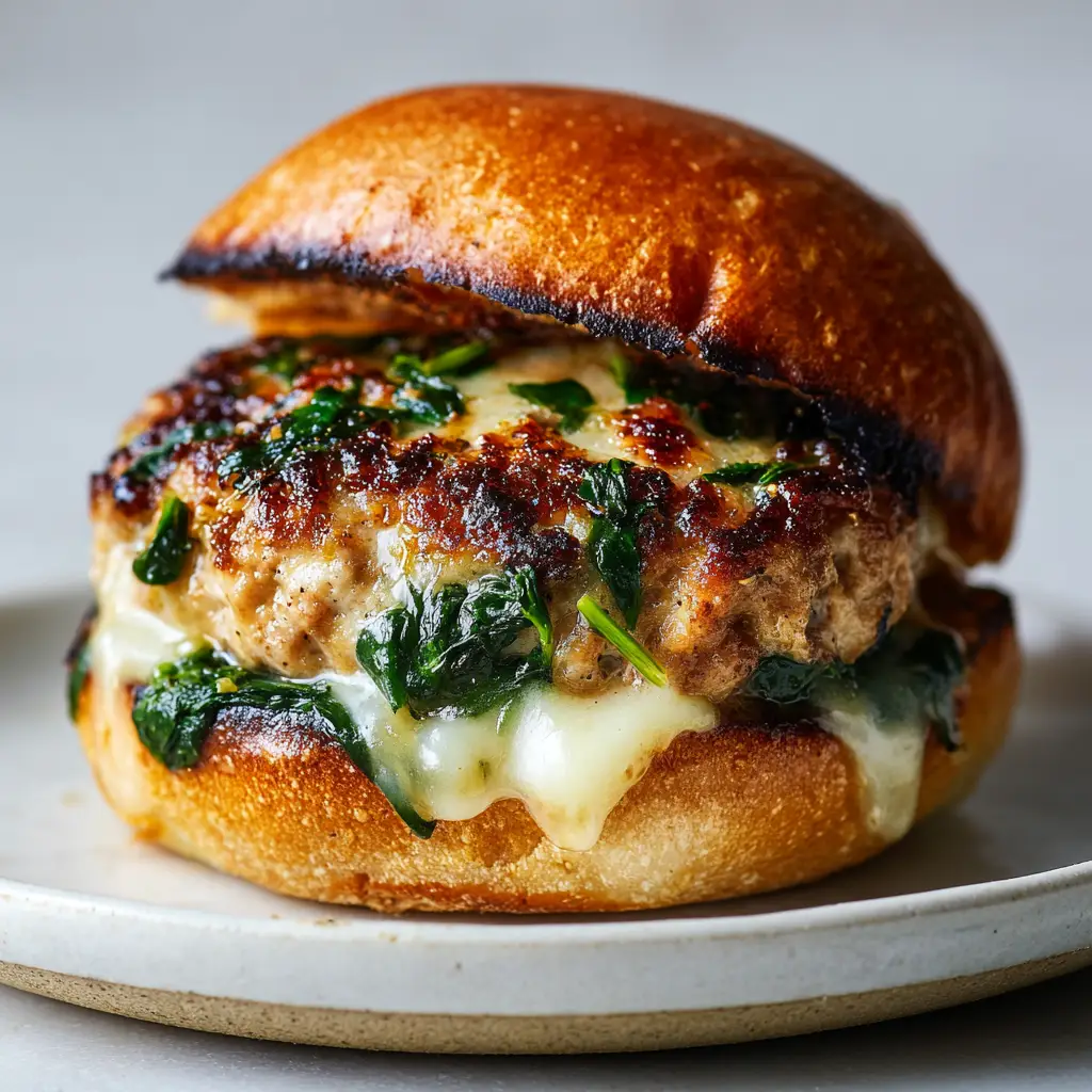 Juicy Pan-Seared Spinach Chicken Burgers 3 Close up shot of a juicy golden-brown pan-seared ground chicken burger loaded with chopped spinach and cheddar on a bun.