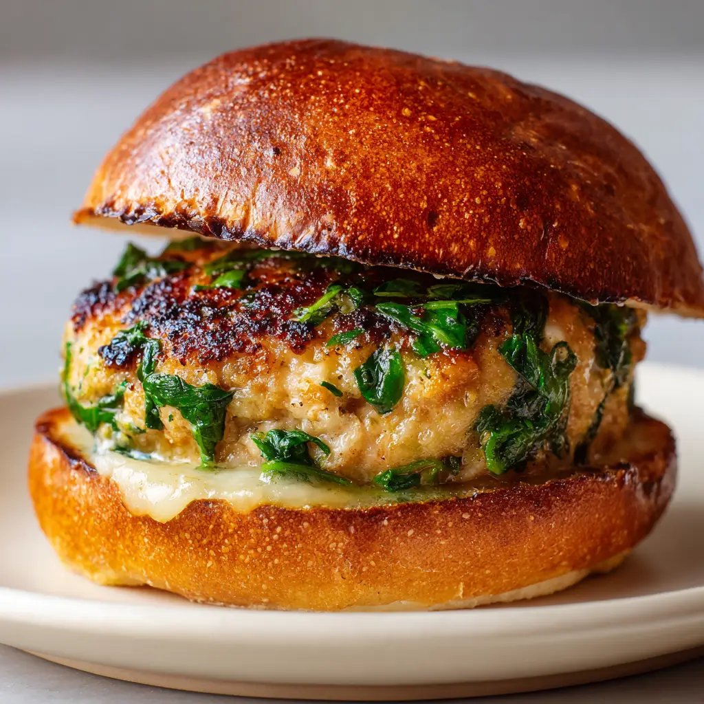 Juicy Pan-Seared Spinach Chicken Burgers 2 A simple white ceramic plate holding a freshly cooked spinach chicken burger on an artisan bun.