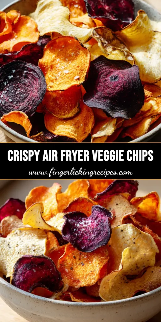 A rustic handmade ceramic bowl filled with thinly sliced, crispy Air Fryer Veggie Chips including bright orange sweet potatoes, deep purple beets, and pale yellow parsnips with coarse sea salt.