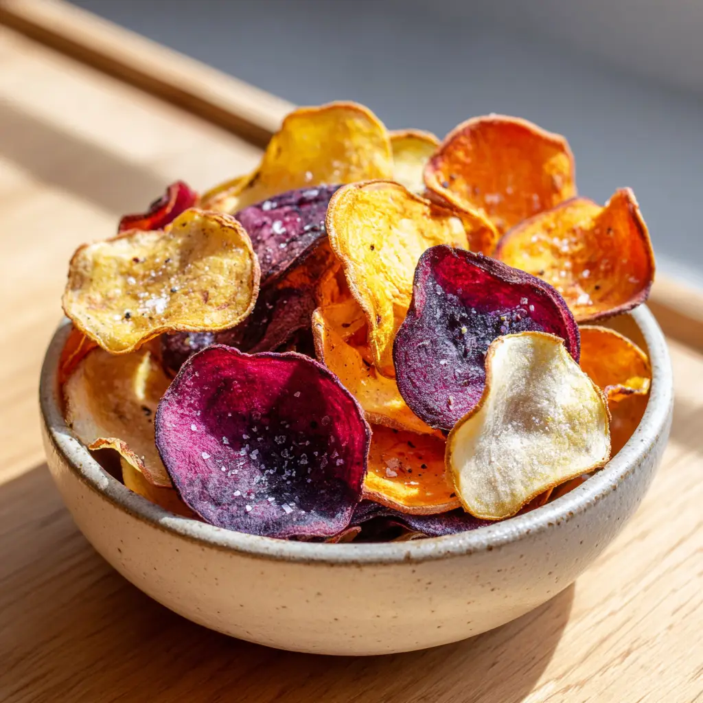 Thinly sliced sweet potato, beet, and parsnip chips lightly coated in olive oil, coarse sea salt, and black pepper specks before air frying.