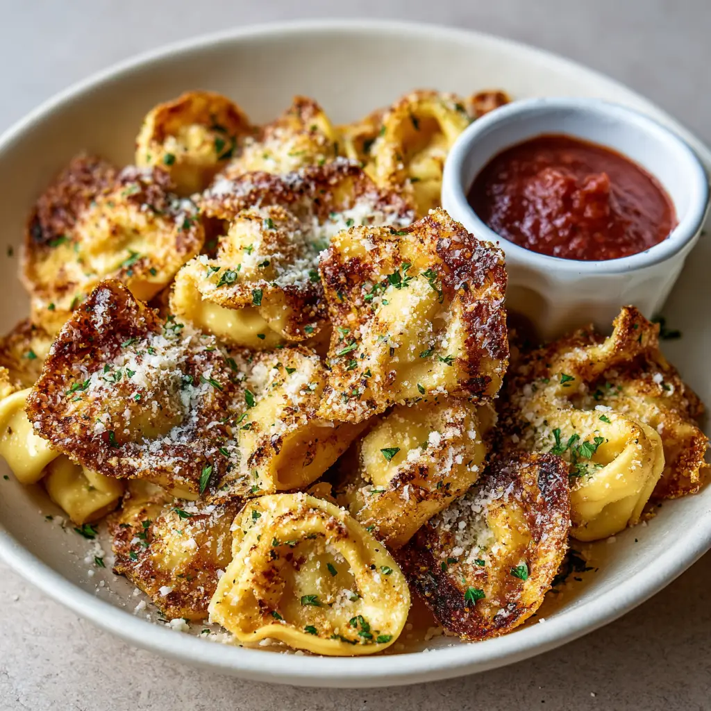 Golden-brown Air Fryer Cheese Tortellini with blistered crunchy edges, sprinkled with parmesan cheese and fresh parsley.
