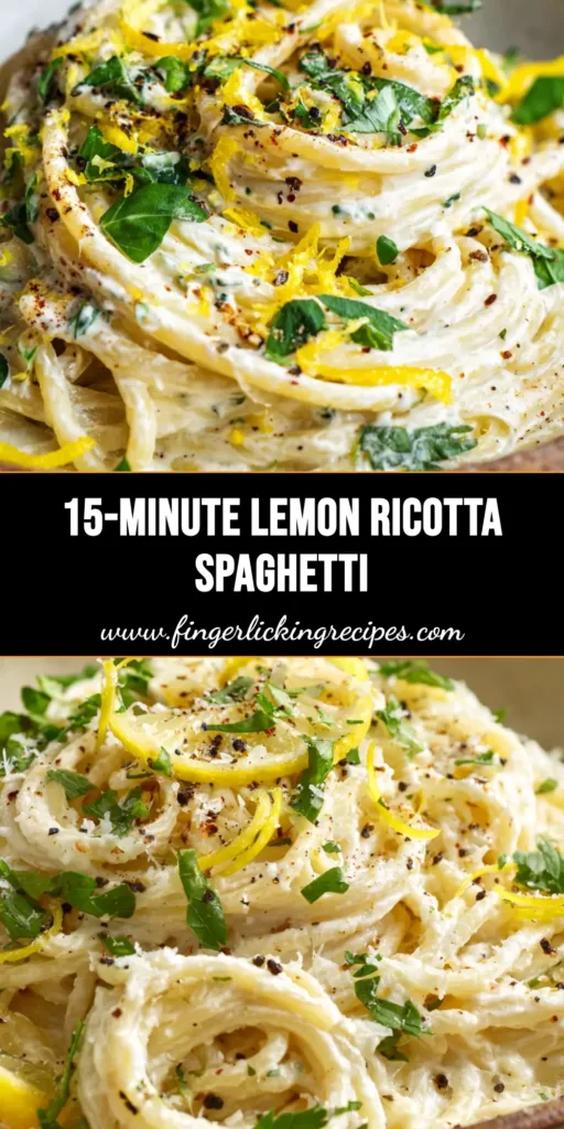 A close-up of creamy lemon ricotta spaghetti served in a rustic ceramic bowl, garnished with lemon zest, fresh basil, parsley, and coarse black pepper.