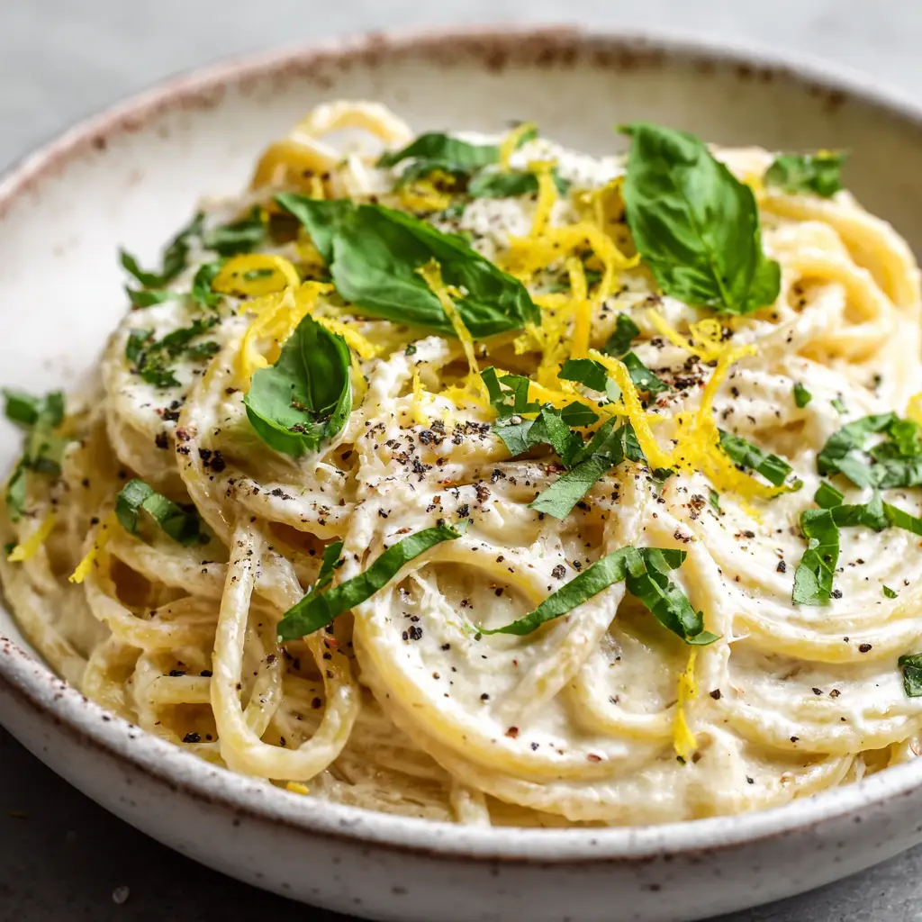 Spaghetti heavily garnished with bright yellow lemon zest curls, fresh parsley, and coarse black pepper flakes.