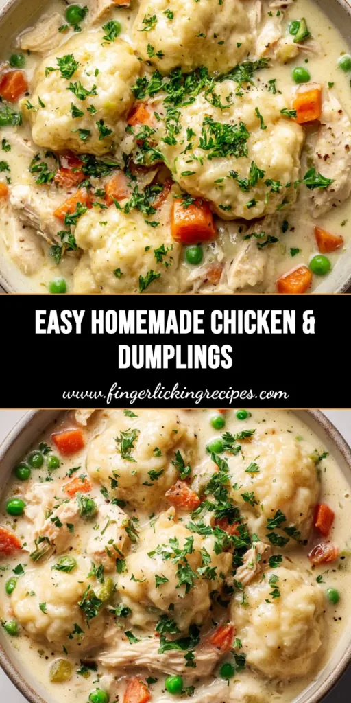 A rustic ceramic bowl of creamy chicken and dumplings with thick ivory broth, orange carrots, green peas, and fresh parsley.