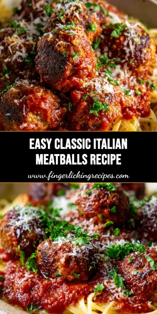 Classic Italian Meatballs with Chunky Marinara 5 A close-up view of classic Italian meatballs on a bed of cooked spaghetti, smothered in a thick chunky red marinara sauce, garnished with Parmesan and fresh parsley.