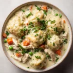 Close up view of thick, velvety, opaque ivory broth filled with chunks of tender white meat chicken, diced orange carrots, and bright green peas.